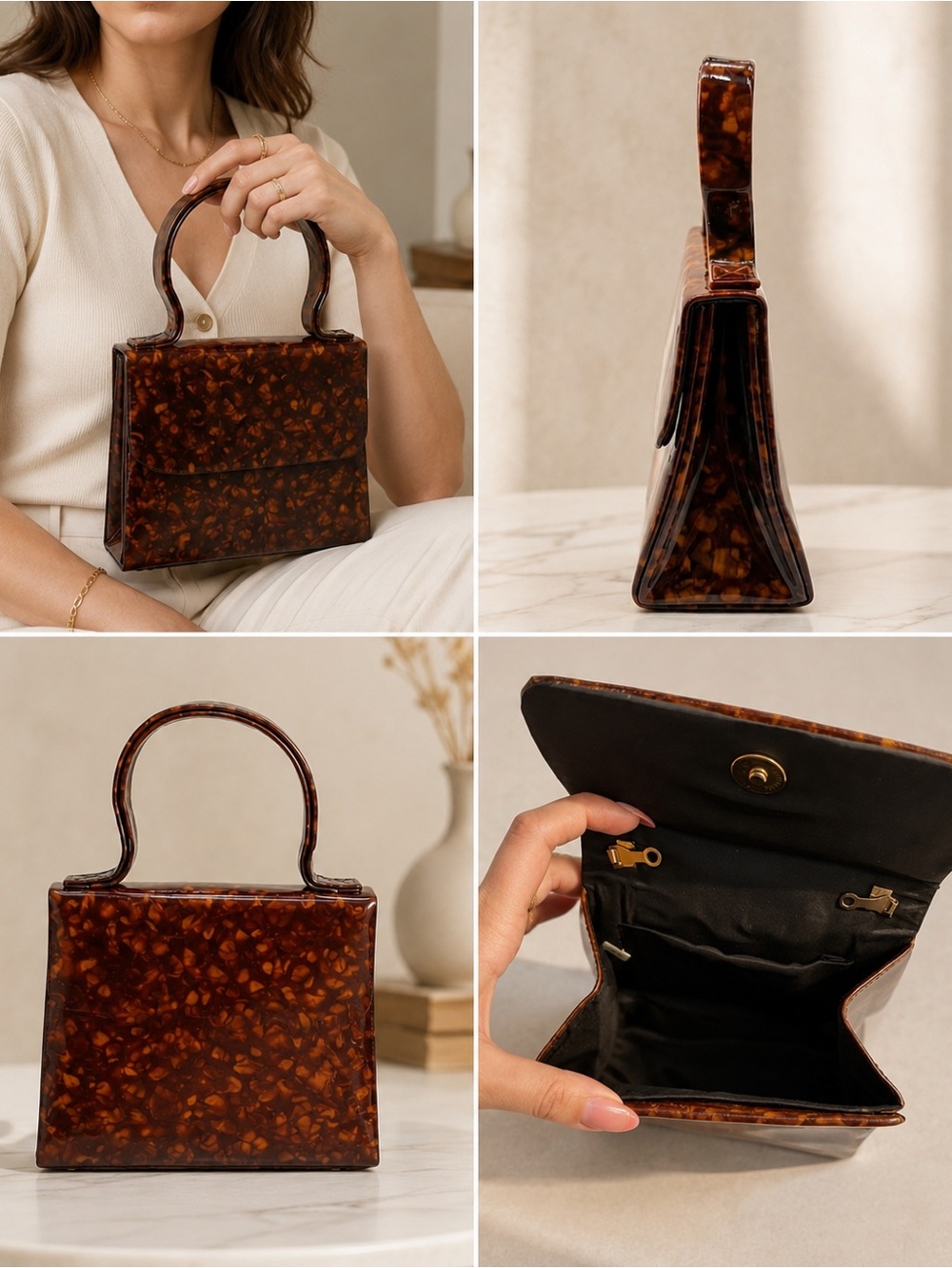 Vintage Tortoiseshell Lucite Box Handbag Brown Top Handle Retro Purse